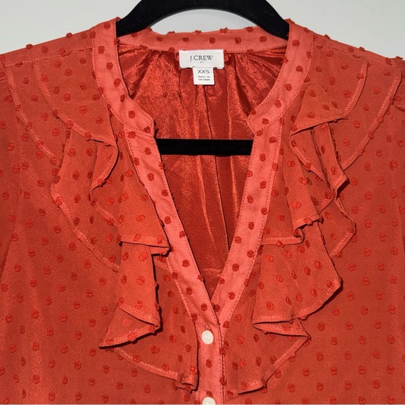 J.Crew Women's Swiss Dot Ruffled Neck Button Up Blouse in Burnt Orange Size XXS - Picture 2 of 4